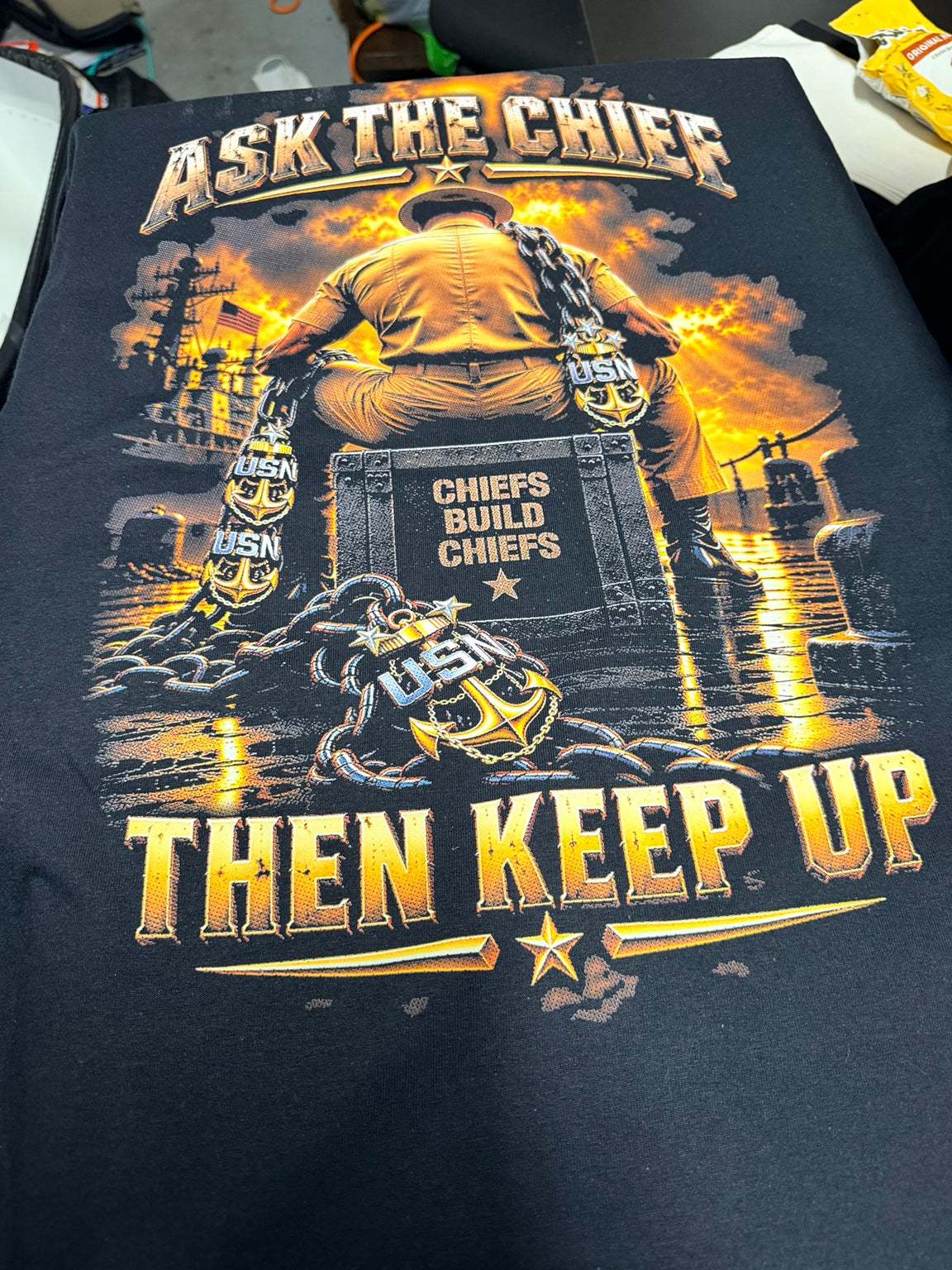 Ask the Chief Then Keep Up Navy Chief back print on black T-shirt