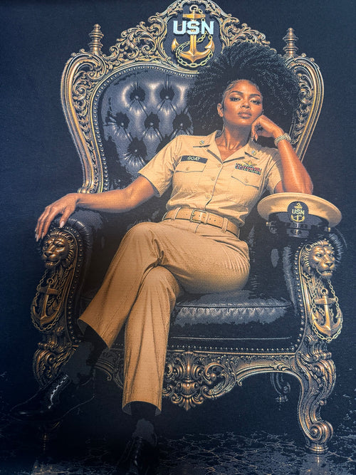 Black female Navy Chief seated on a regal throne black T-shirt back design