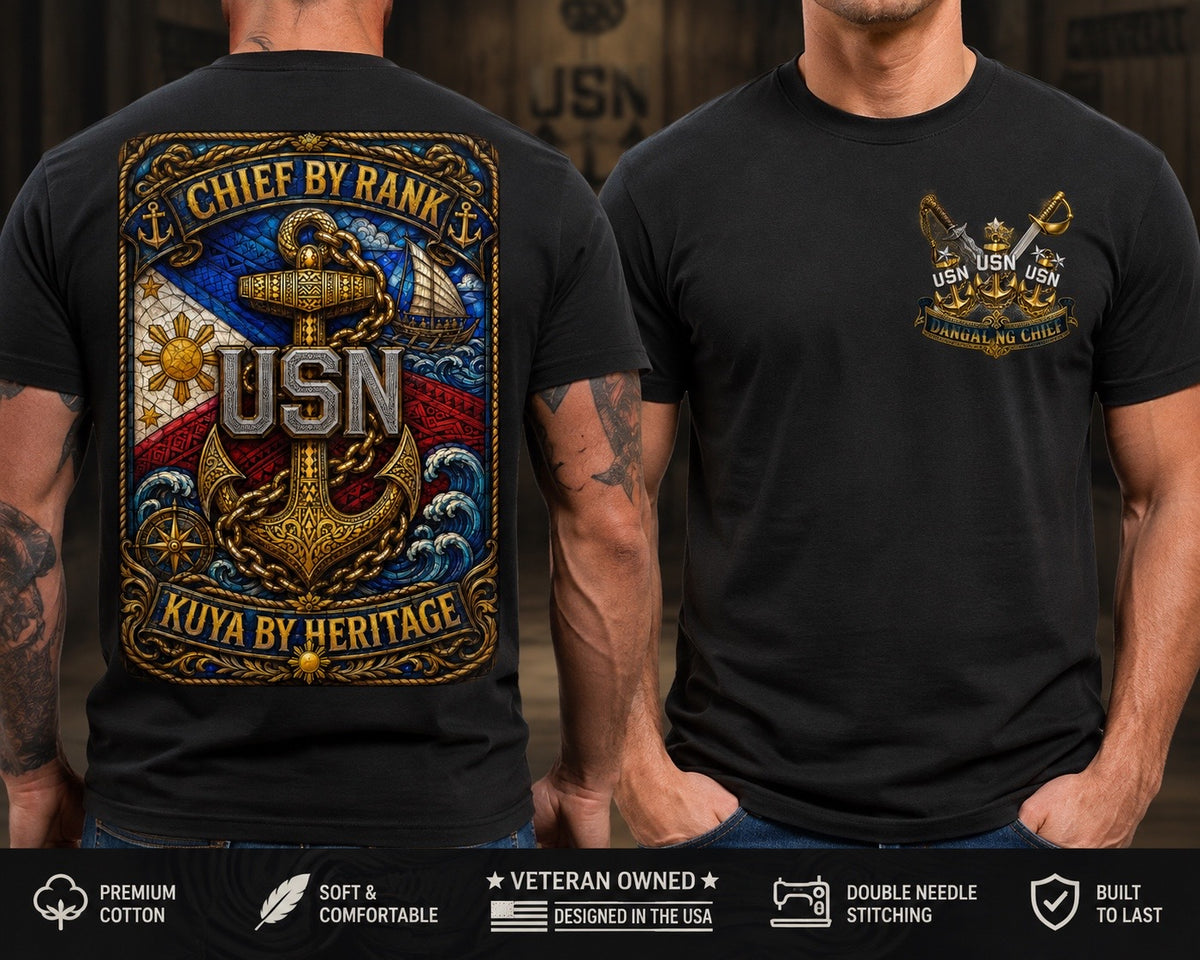 Chief by Rank, Kuya by Heritage black shirt mockup with back graphic and left chest design