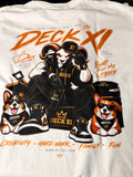 Back of Deck XI Built for Legacy shirt featuring Dex, Chicken, and Waffles