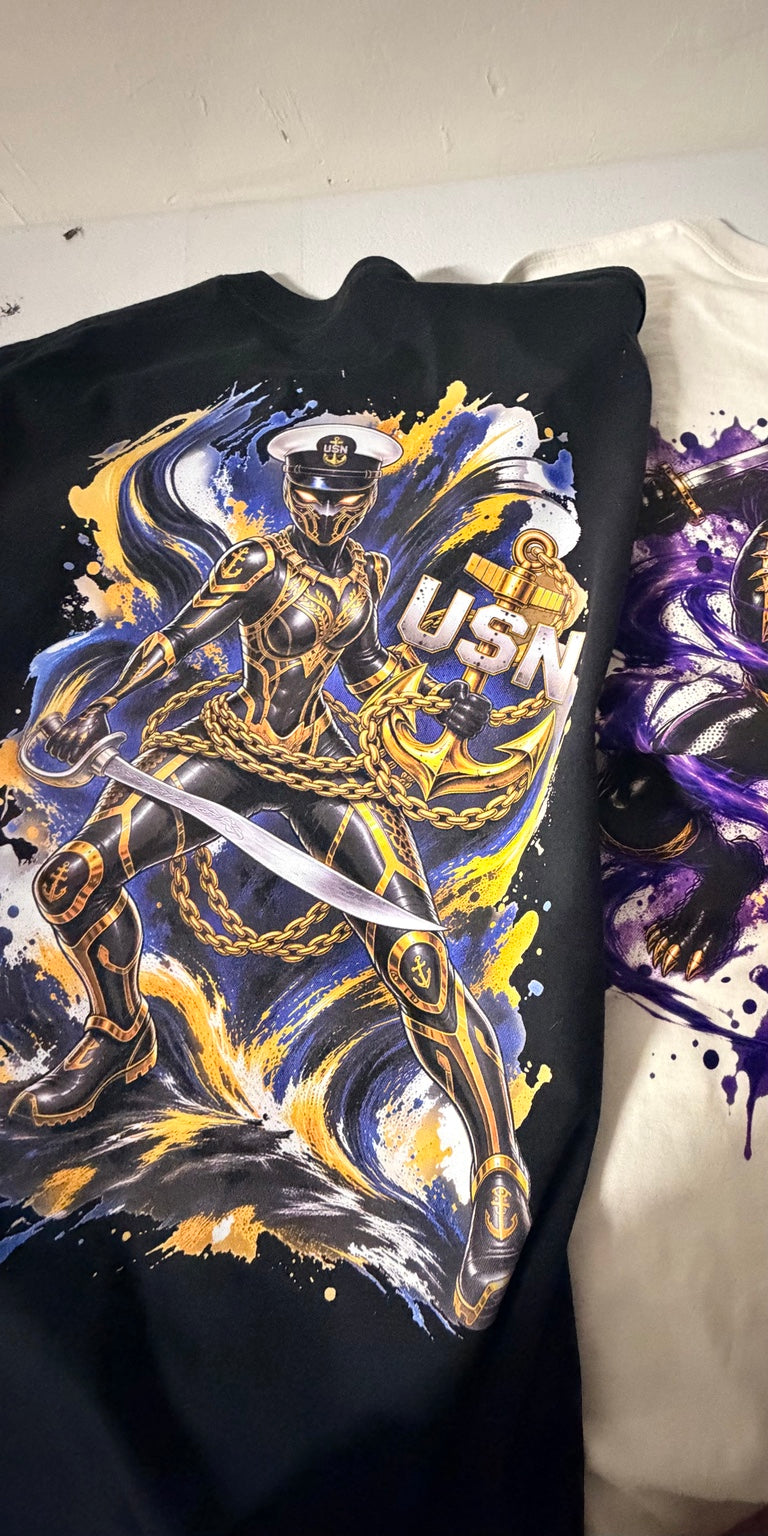 Female Panther Navy Chief shirt full back design on black T-shirt