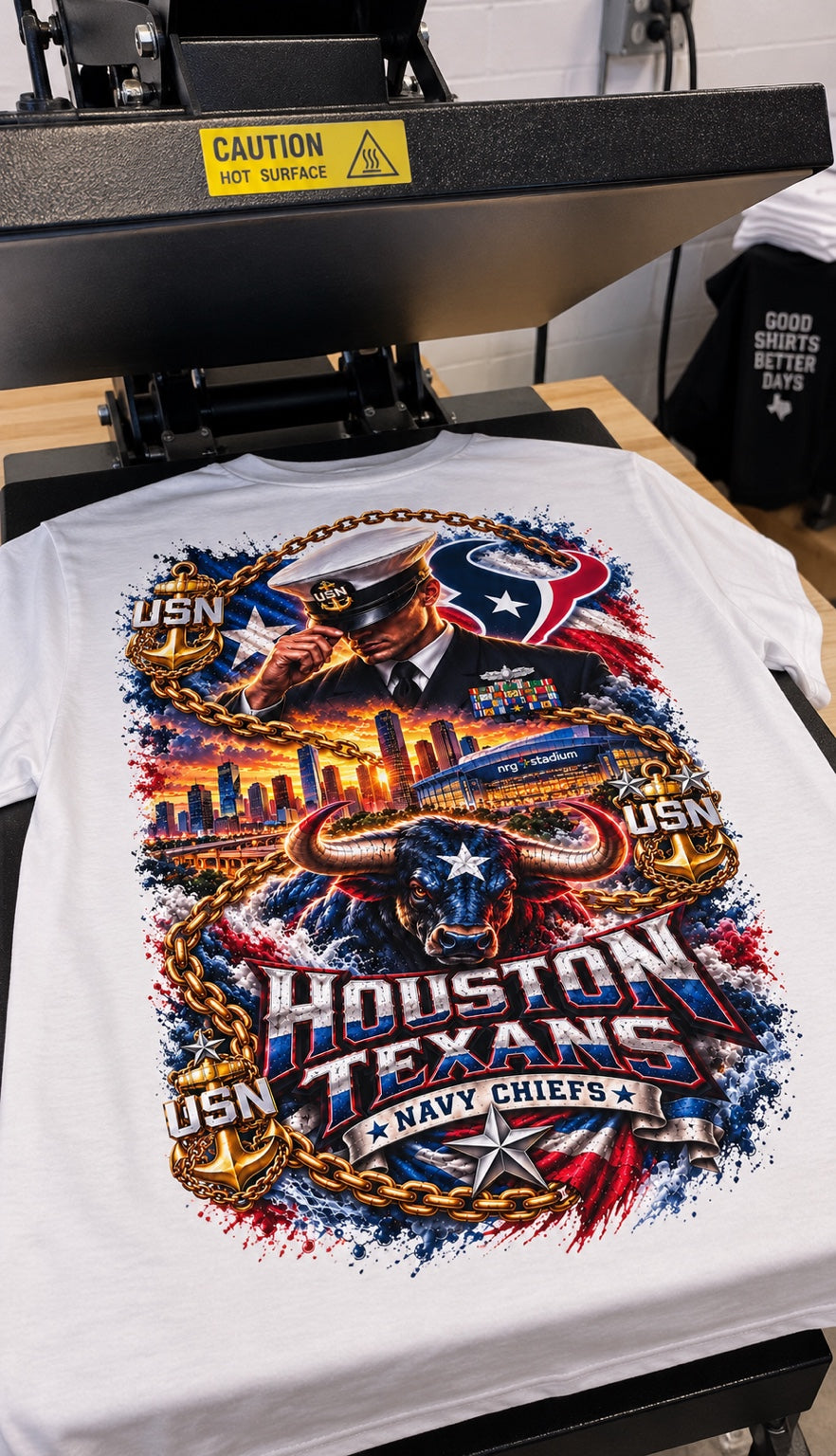 Houston Texans Navy Chiefs white T-shirt on heat press