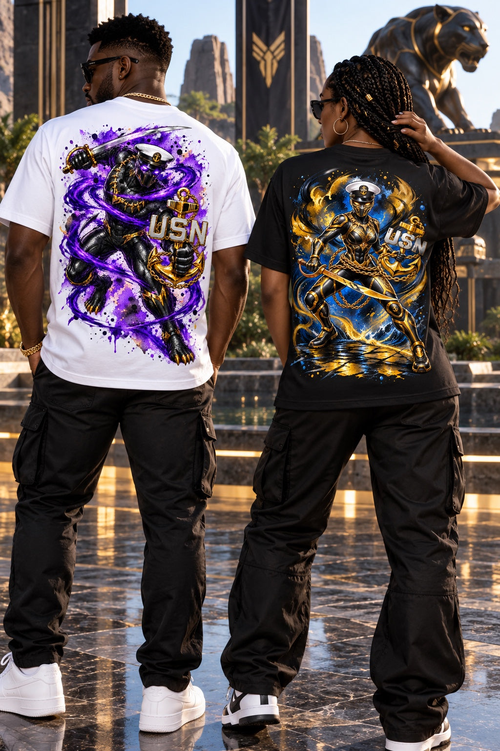 The Lineage Set featuring the Purple Panther and Gold Panther shirts