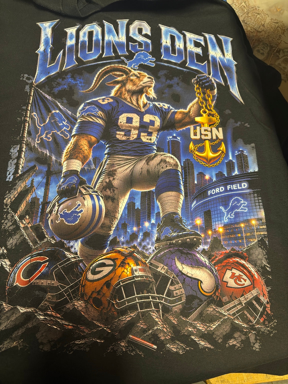 Lions Den full back print on black shirt