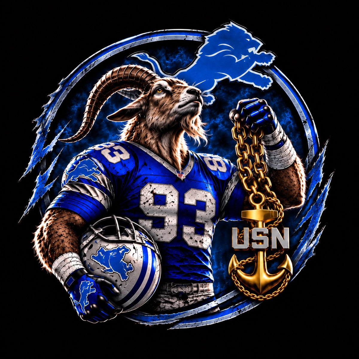 Lions Den circular goat and Navy Chief anchor artwork