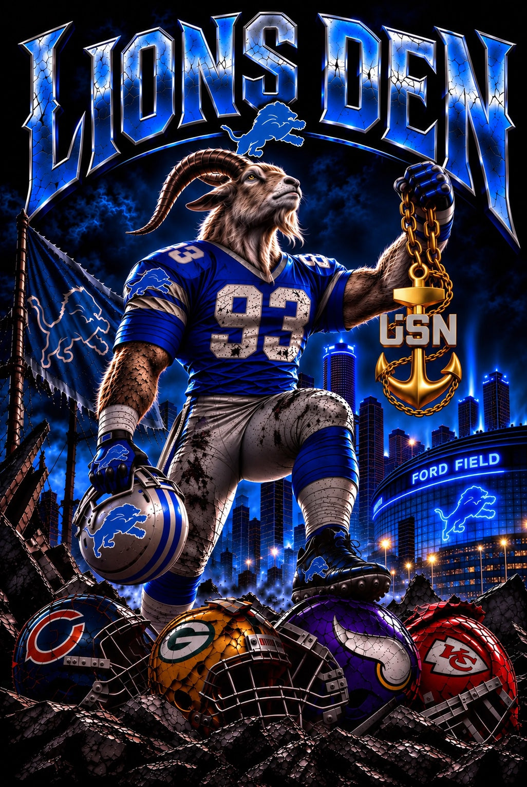 Lions Den Detroit football and Navy Chief goat back design