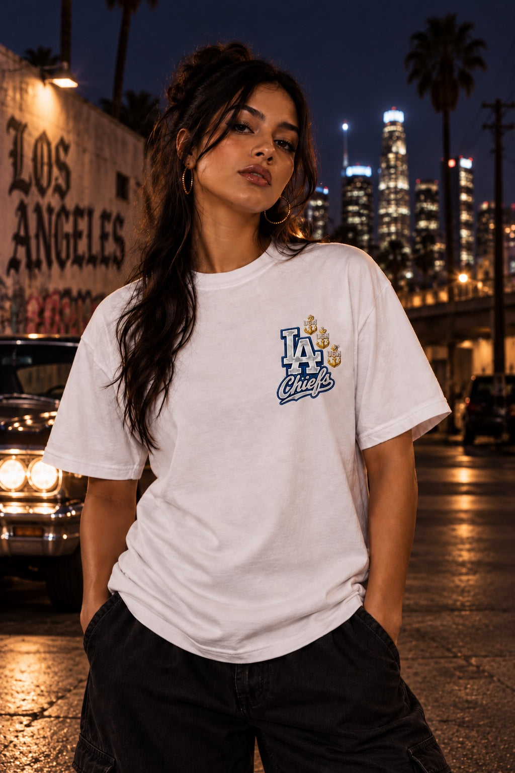 Los Angeles Chiefs white shirt – front lifestyle view