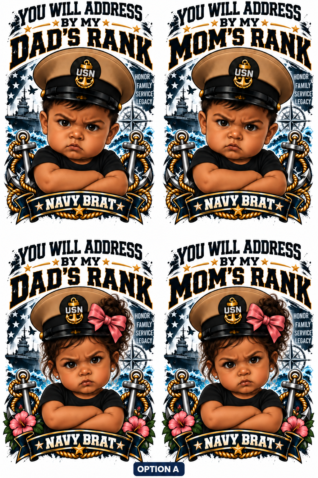 Navy Brats design Option A showing Dad's Rank and Mom's Rank choices