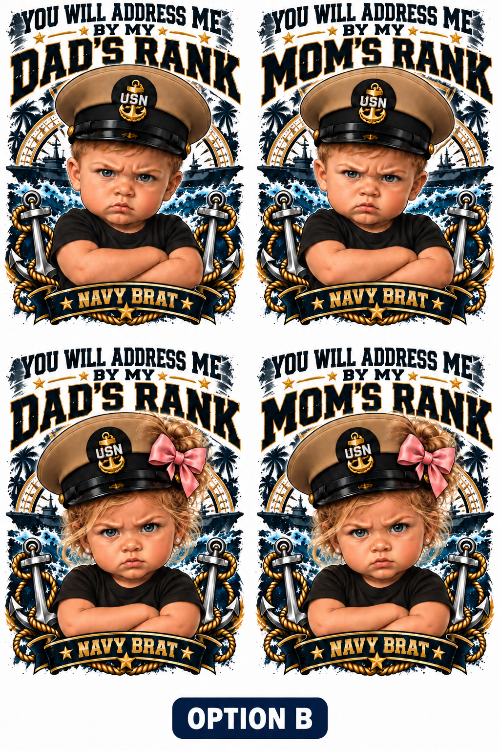 Navy Brats design Option B showing Dad's Rank and Mom's Rank choices