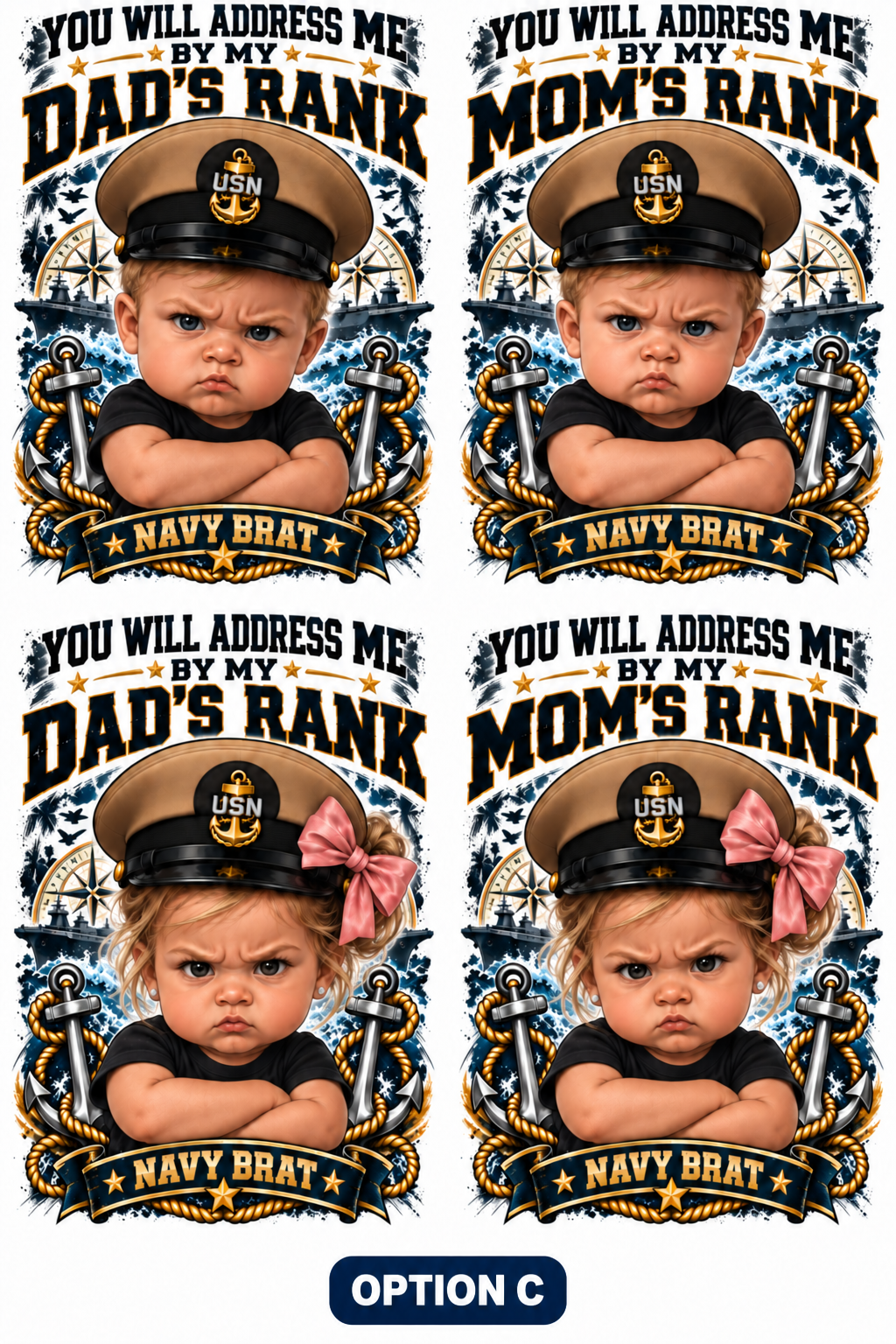 Navy Brats design Option C showing Dad's Rank and Mom's Rank choices
