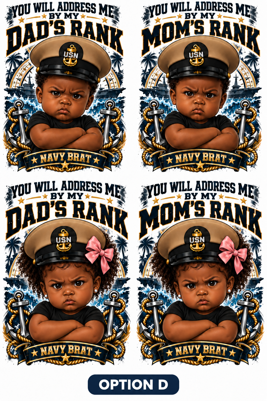 Navy Brats design Option D showing Dad's Rank and Mom's Rank choices