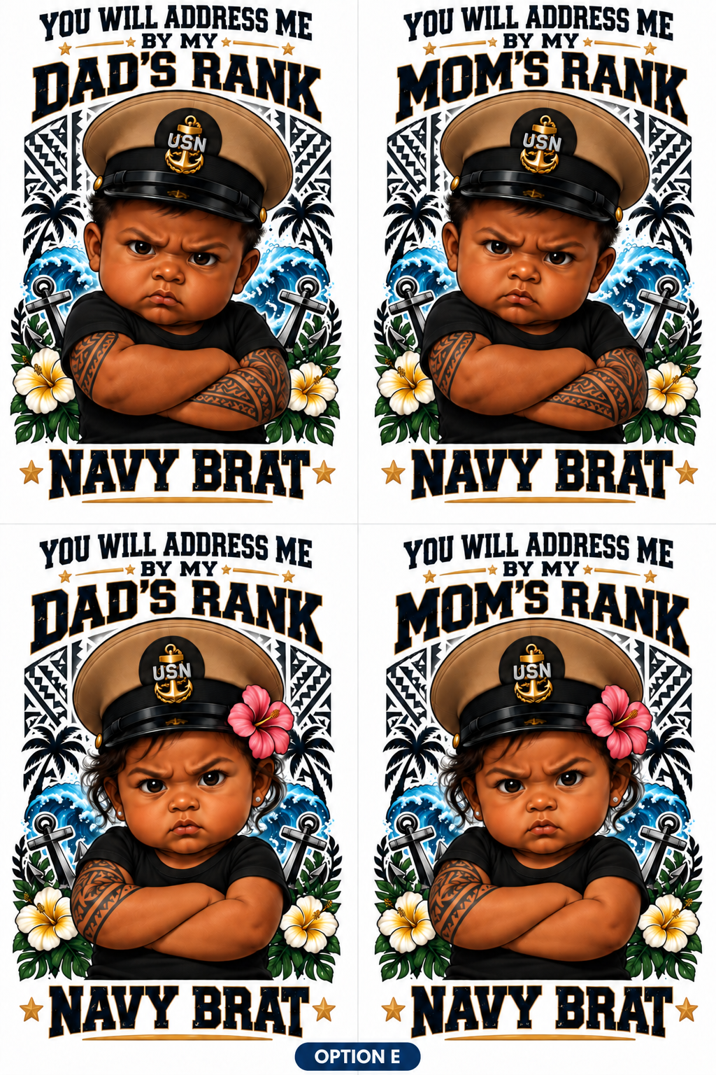 Navy Brats design Option E showing Dad's Rank and Mom's Rank choices