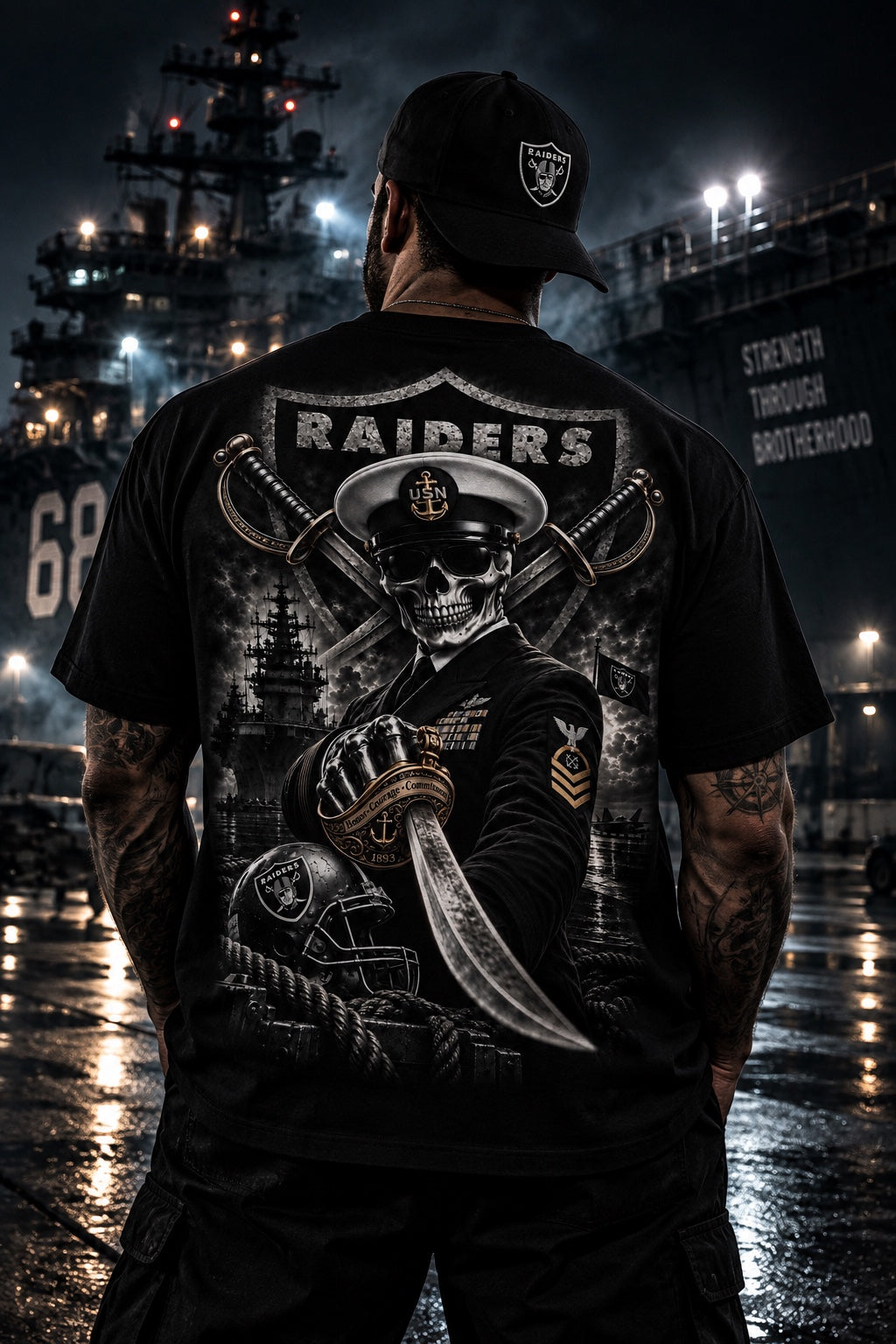 Black Raider Chief Strength Through Brotherhood T-shirt back view