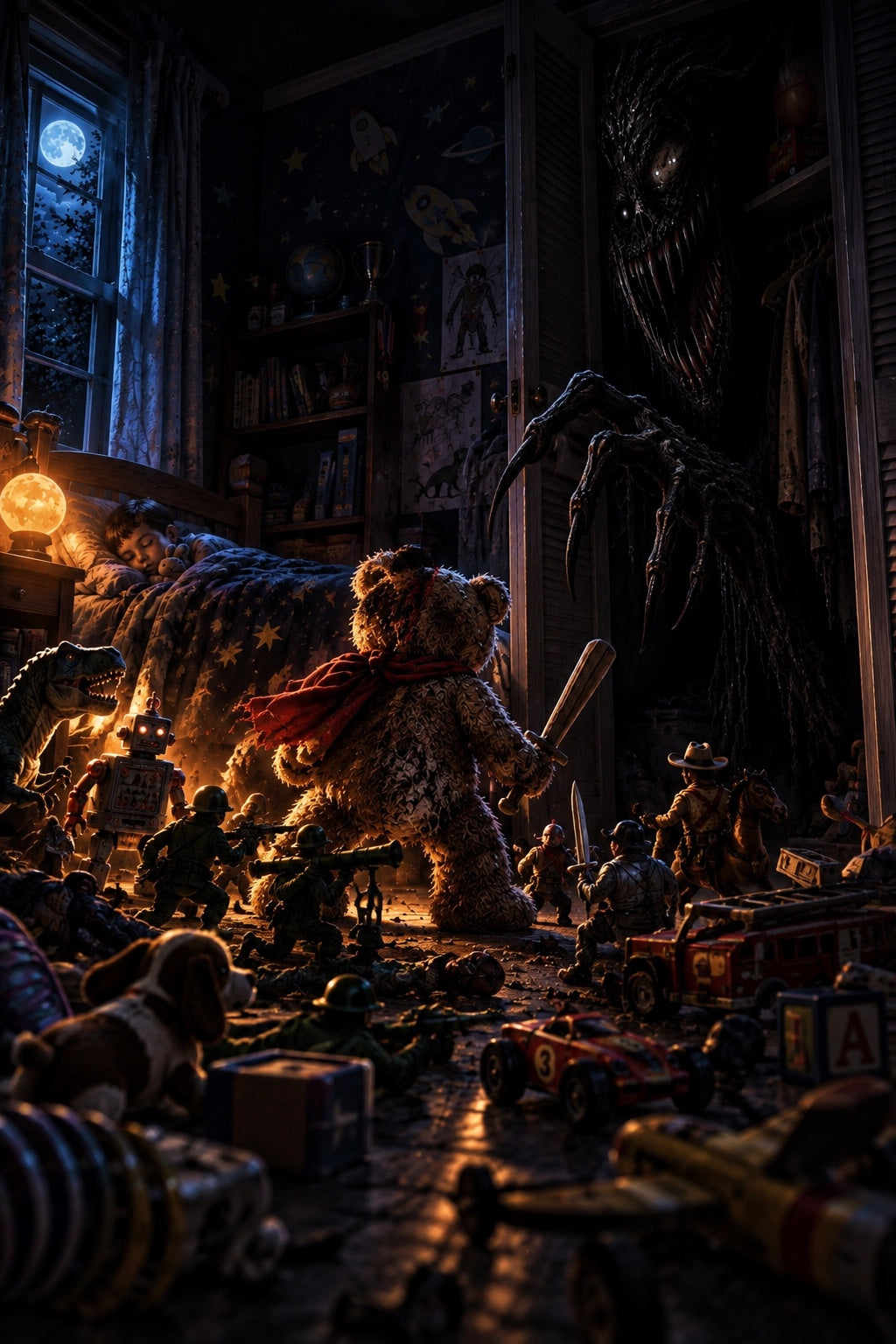 Teddy bear and toy army defending a sleeping child from a closet monster