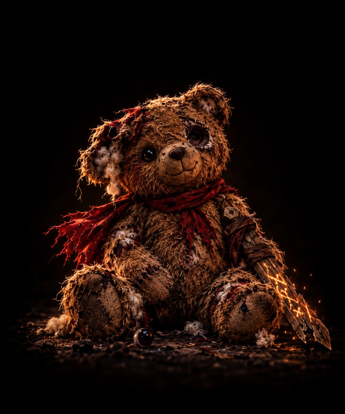 Battle-worn teddy bear with broken glowing wooden sword