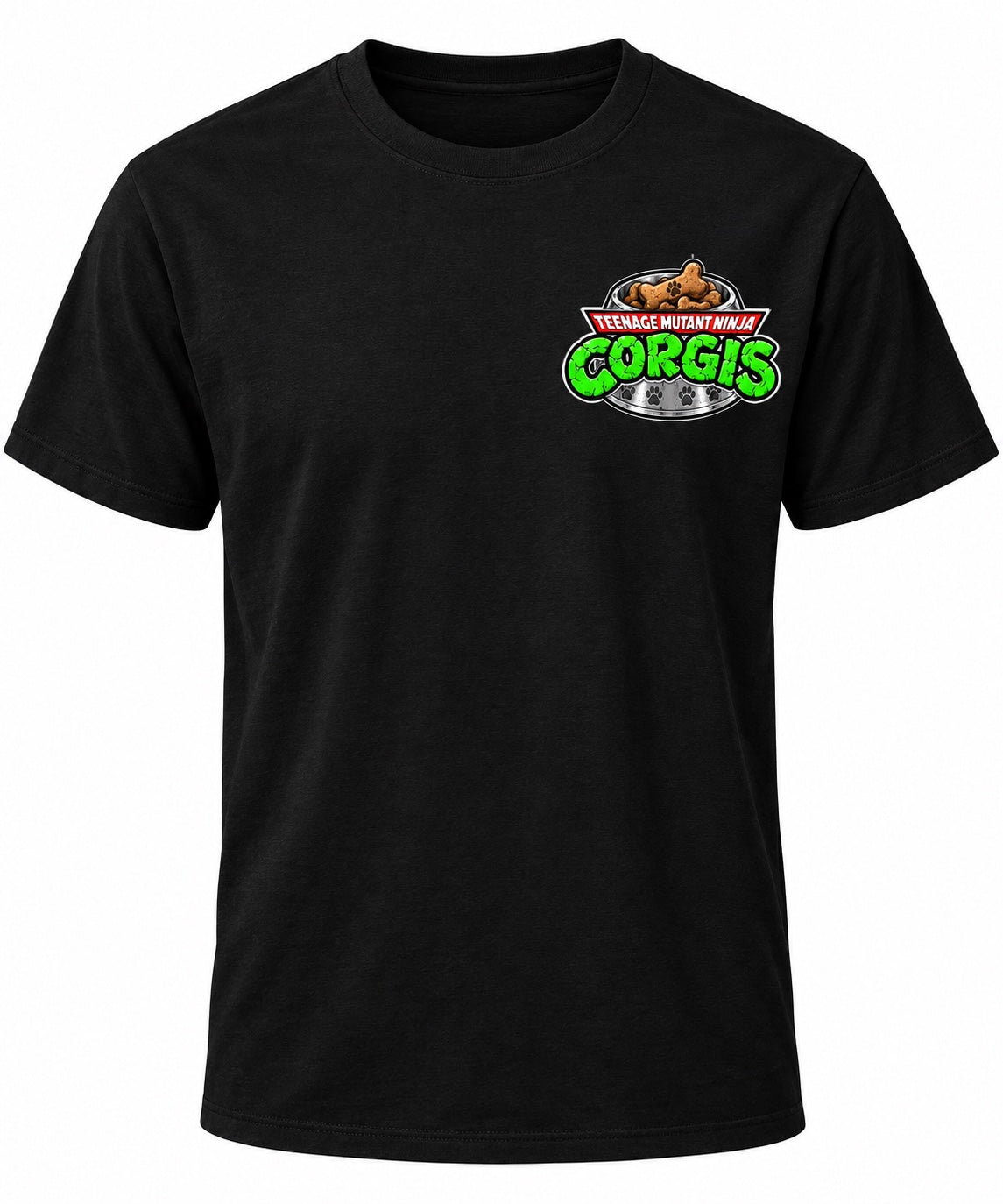 Black T-shirt with Teenage Mutant Ninja Corgis chest print
