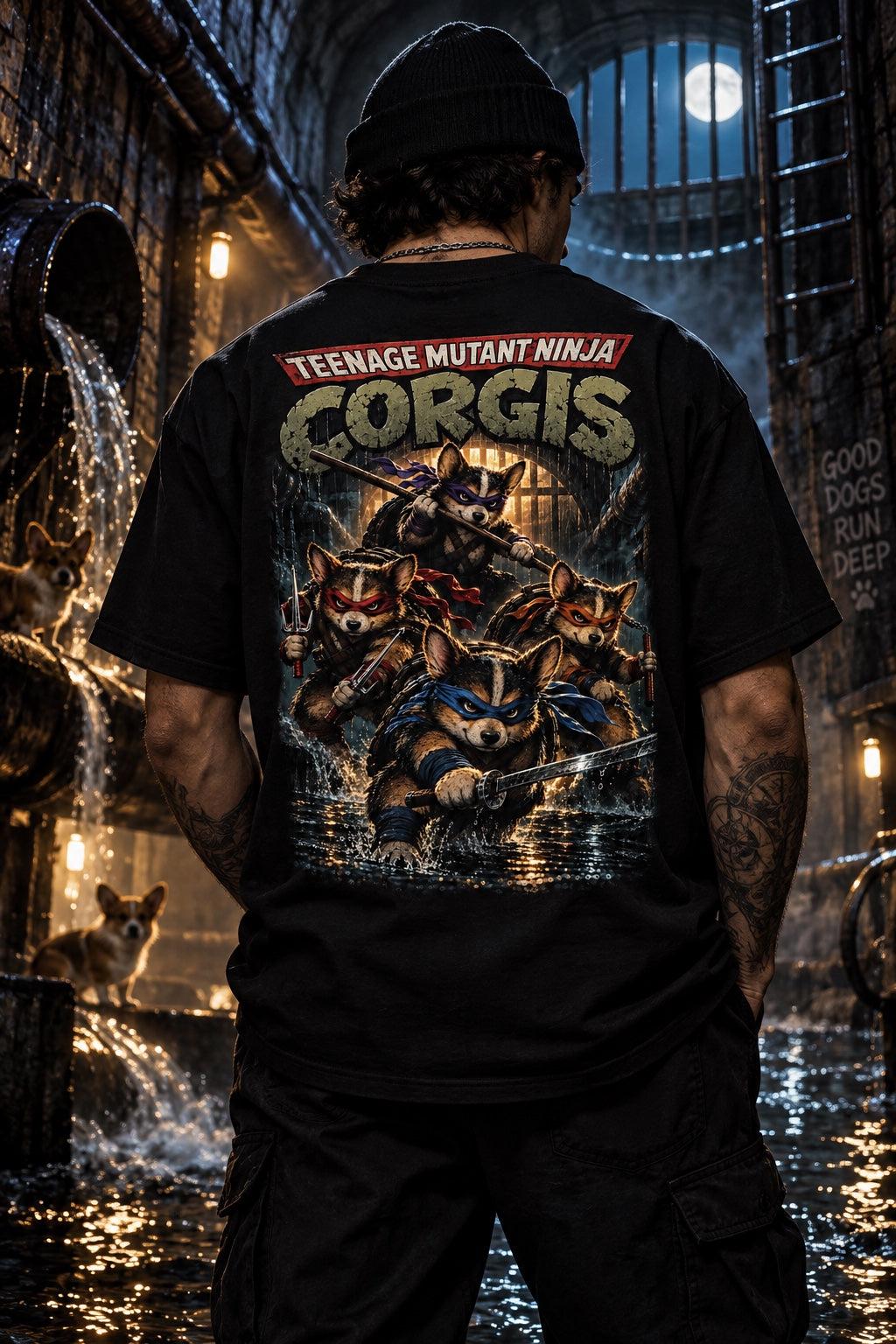Teenage Mutant Ninja Corgis black T-shirt in cinematic sewer scene