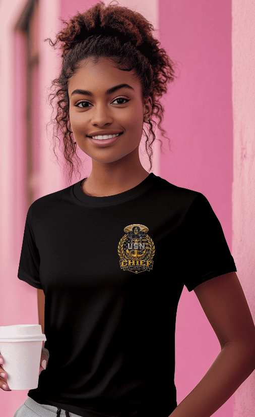 Woman wearing black Unapologetic Chief Magazine Edition T-shirt