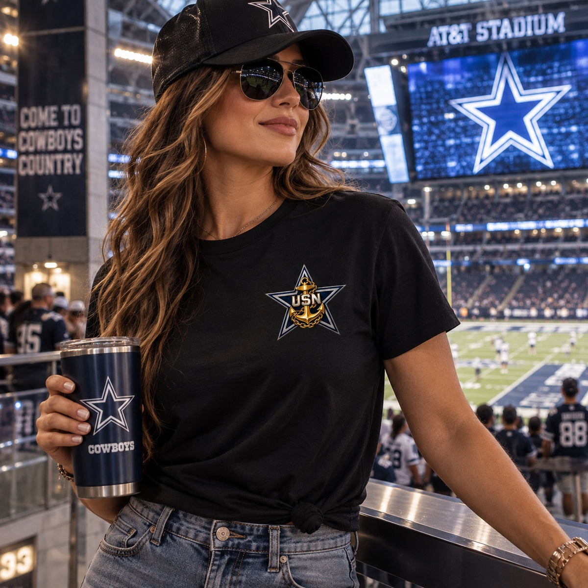 Black What Say Ye Cowboys T-shirt with Navy Chief star left-chest print