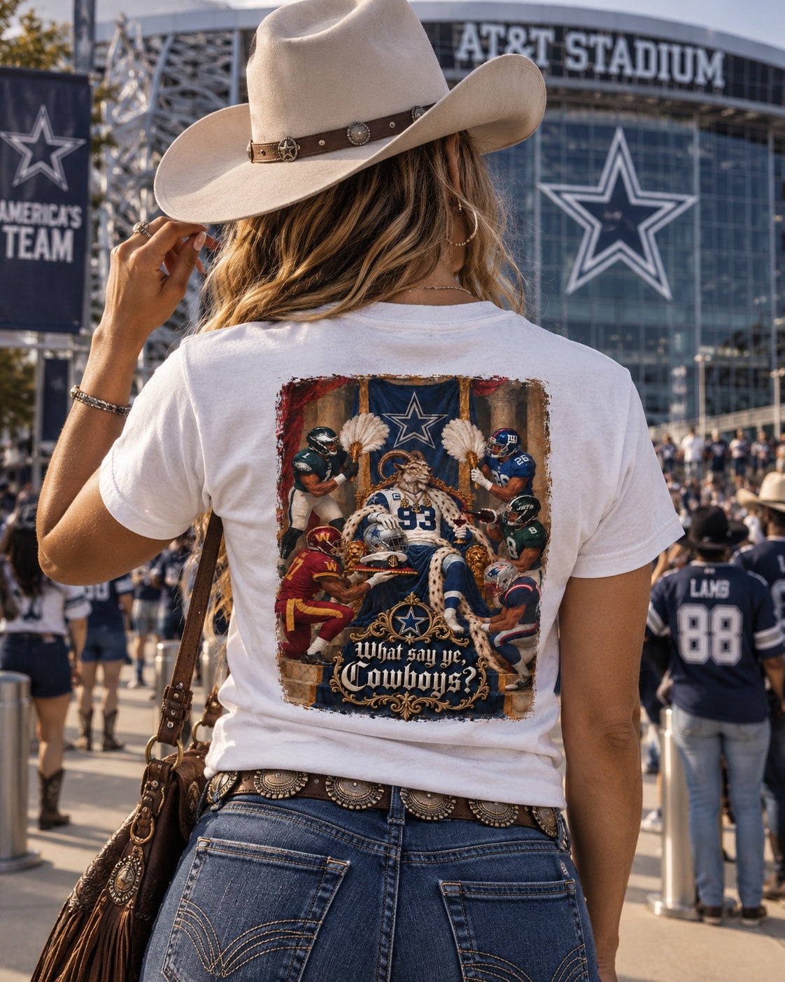 White What Say Ye Cowboys T-shirt worn outside the stadium